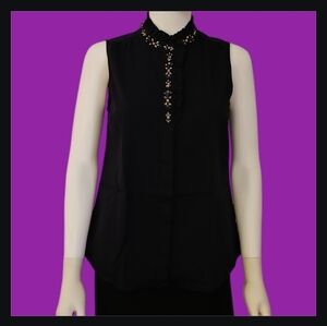 J CREW Ruffle Bedazzled High Neck Button Down Sleeveless Castlecore Shirt